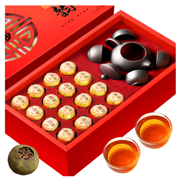 Подарочный набор черного чая Пу Эр Шу в мандарине с чайником и чашками ...