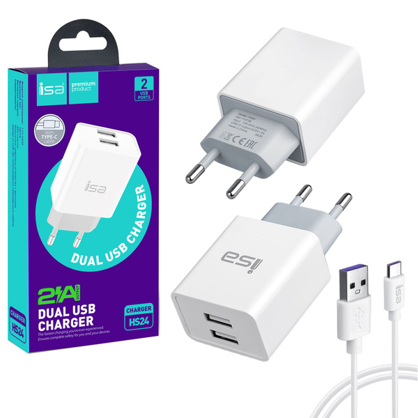 Сетевое зарядное устройство ISA СЗУ Type-C на 2 USB 2.4A HS24 белое ...
