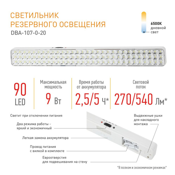 Светильник светодиодный аварийный непостоянный DBA-107-0-20 ЭРА 90LED ...