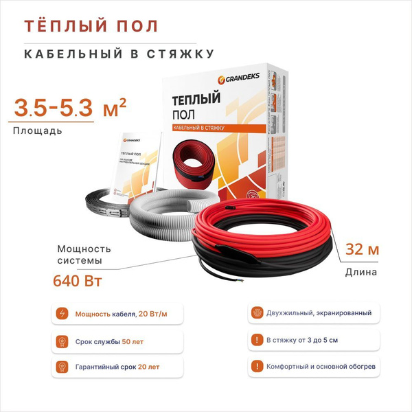 Теплый пол в стяжку, площадь 3.5-5.3 м2, мощность системы 640 Вт, под ...