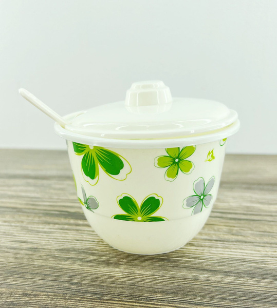 Сахарница пластиковая с ложкой "Зеленые цветочки", белая - купить с ...