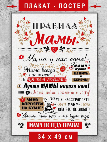 Характеристики Плакат "Правила мамы", на стену с правилами мамы, для ...