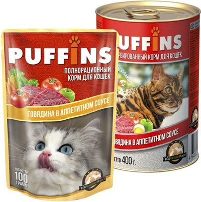 24 шт. Пауч для кошек Говядина в соусе 100г 10% Puffins купить на OZON ...