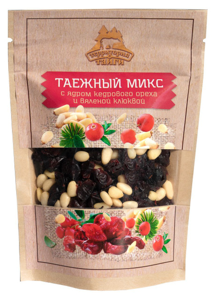 Таежный микс с кедровыми орехами и вяленой клюквой в крафт-пакете, 100 ...