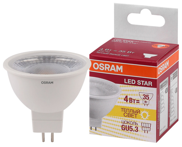 Лампа Osram LED Star MR16, 300лм, 4Вт, 3000К, теплый белый свет, Софит ...