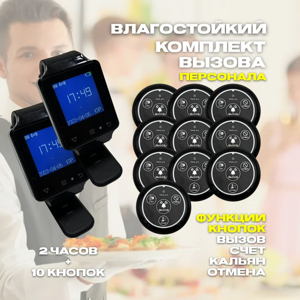 КОМПЛЕКТ: Часы пейджер + кнопки 4в1 (2ч+10кн), для вызова официанта ...