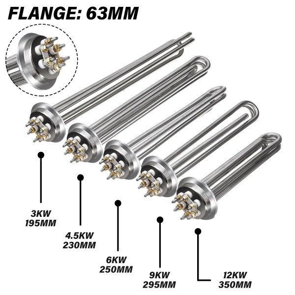 ТЭН для водонагревателя, 3/4.5/6/9/12 кВт, все 304SUS,2" Tri-clamp (OD ...