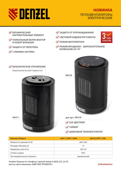 Тепловентилятор керамический DTFC-1200S, вращение, 3 реж., вент ...