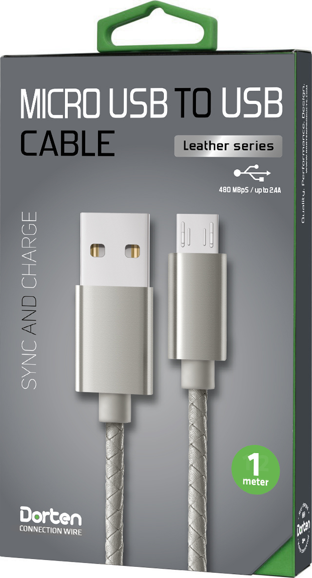 фото Кабель Dorten Micro USB to USB cable: Leather Series 1 meter (Grey/Cерый) -