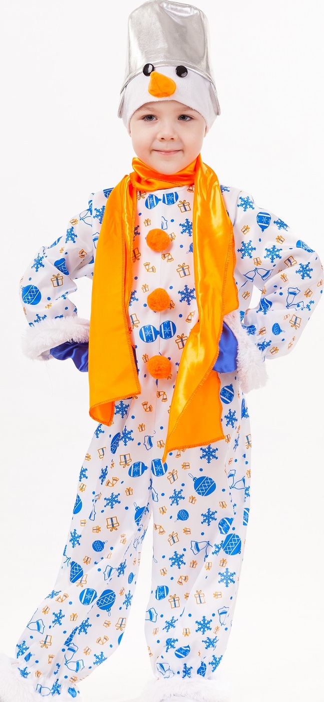 фото Карнавальный костюм Снеговик Снежок комбинезон, головной убор, варежки, шарф размер 104-52 Пуговка
