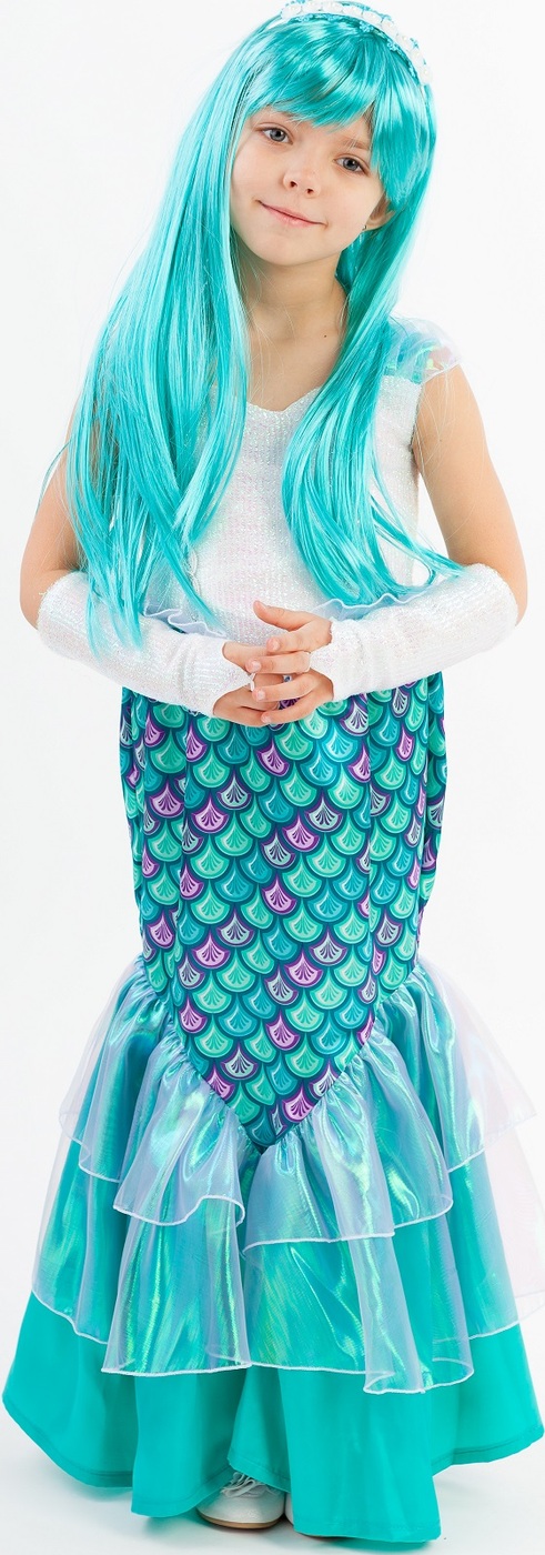 фото Карнавальный костюм Русалка платье, ободок, перчатки, парик размер 128-64 Пуговка