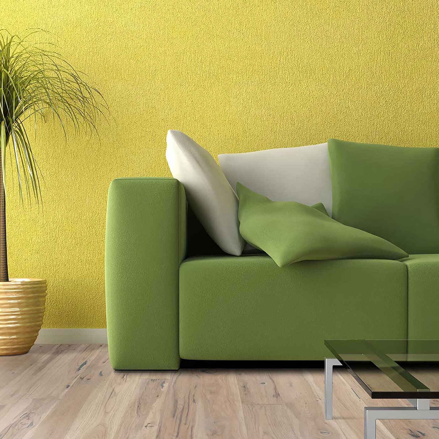 Желто-зеленый диван в интерьере