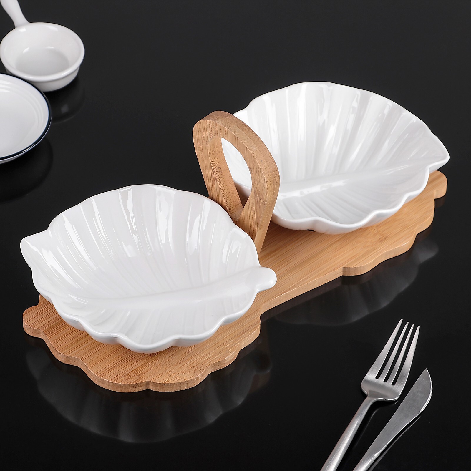 0л. посуда эстет. салатницы на деревянной подставке. эстет набор посуды эт-72937 "бабочки" цилиндрический 2. менажница на деревянной подставке.