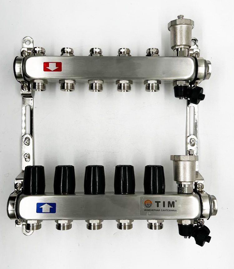 Коллектор для отопления TIM на 5 выходов из нержавеющей стали без расходомеров 1" - 3/4" евроконус