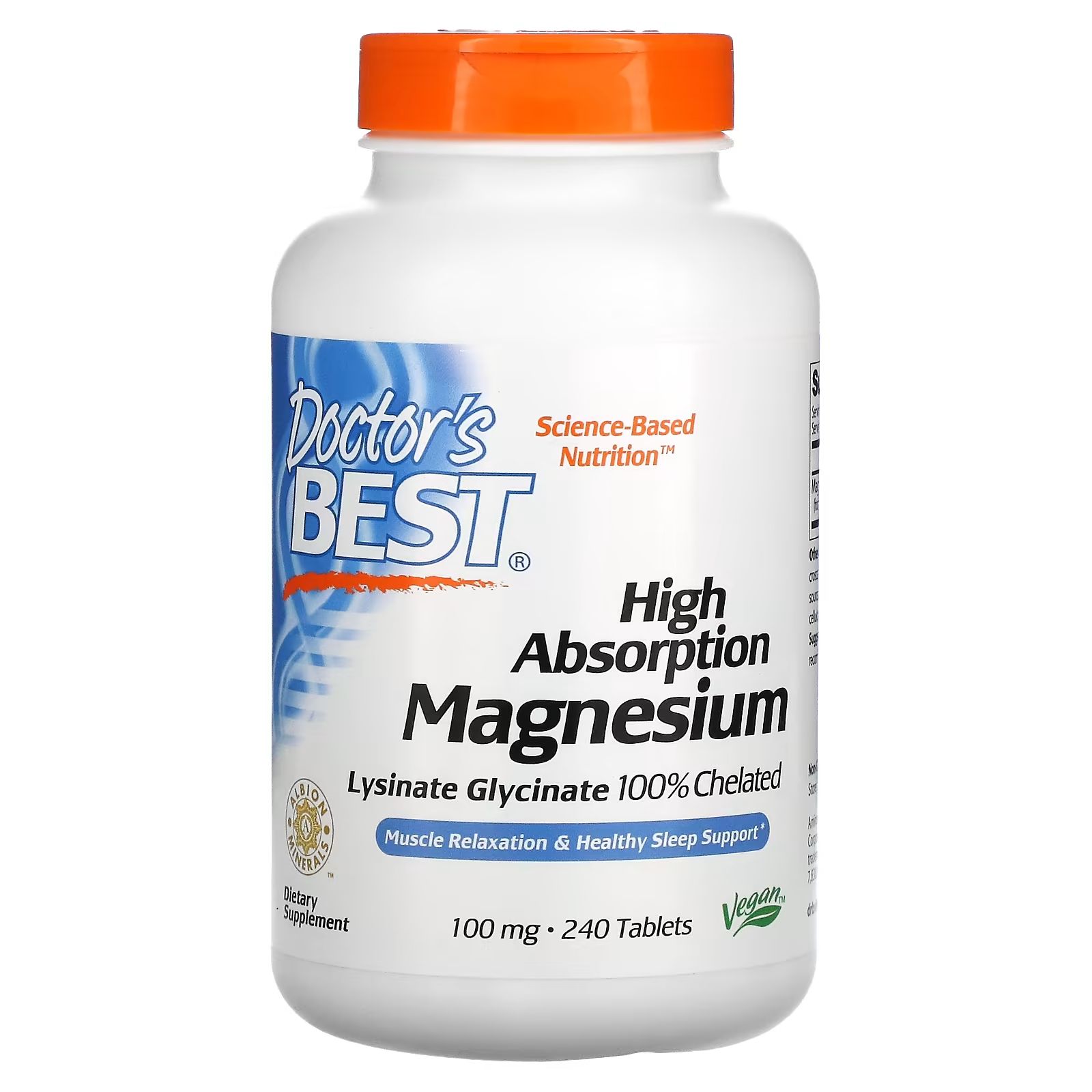 Магний хелат, глицинат Doctors Best Magnesium 100% Chelated 100 мг 240 таблеток