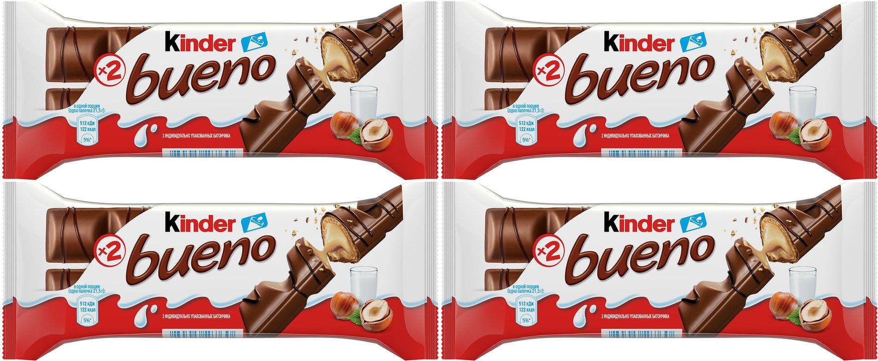 Вафли Kinder Bueno в молочном шоколаде, комплект: 4 упаковки по 43 г