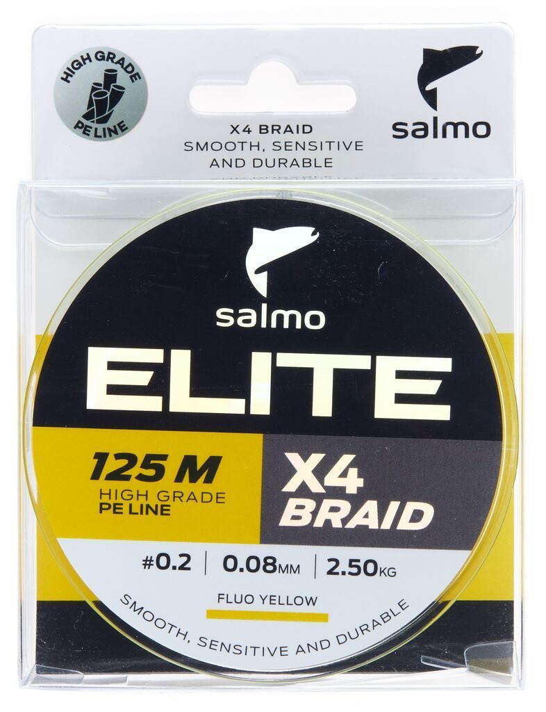 ЛескаплетенаяSalmoEliteX4BRAID/расцветкаFluoYellow/125м/0,08мм/2,5кг