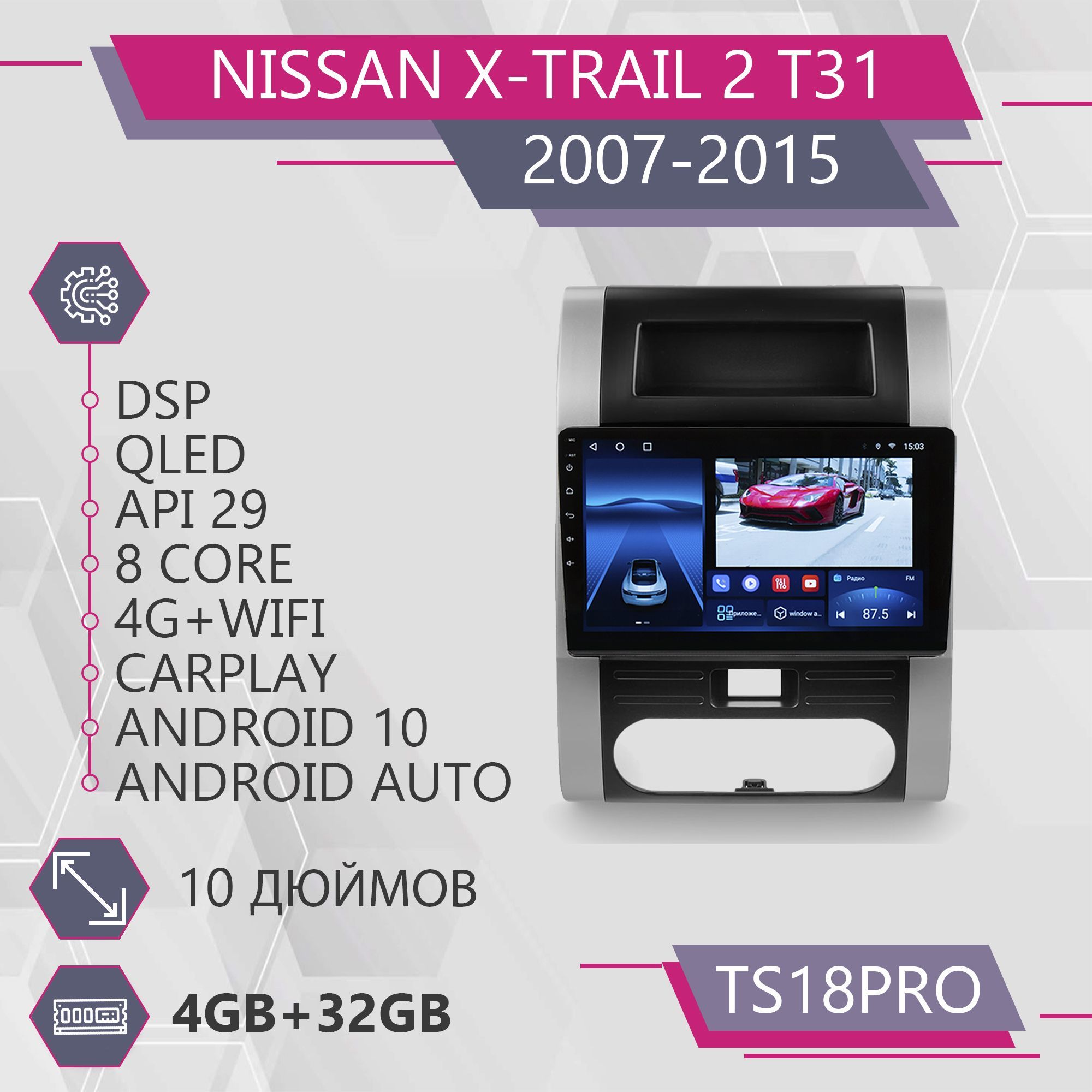 Штатная магнитола TS18Pro/4+32GB/для Nissan X-Trail 2 T31/ Ниссан Х-Трейл/  Нисан ИксТрейл/ магнитола Android 10/2din/ головное устройство/  мультимедиа/2 DIN - купить в интернет-магазине OZON с доставкой по России  (1088257158)