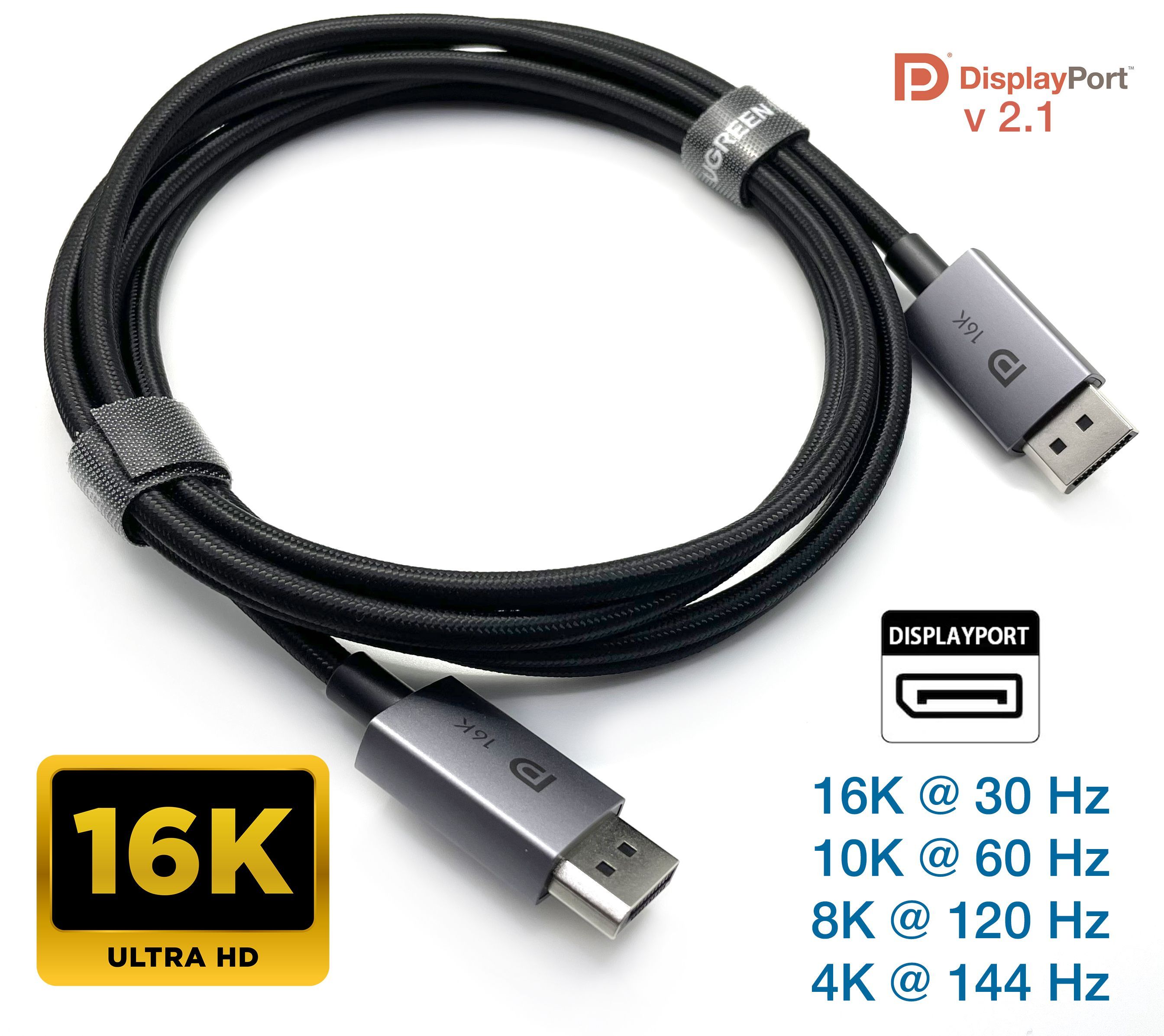 КабельDisplayport2.1UGREENPremiumSmartDigitalDP16K(1536x8640)30Hz,10K@60Hz,8K@120Hz,6K,5K,4K@240Hz,144Hz,2метра