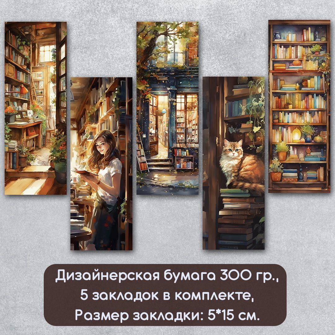 Набор закладок: "Книжные магазины 2.0". 5х15 см, 5 шт.