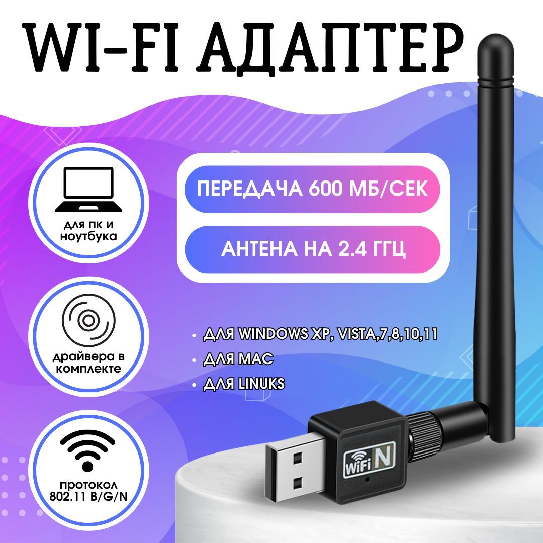 Wi-fi адаптер для компьютера, USB Wi-Fi адаптер 2.4 ГГц / 5 ГГц  двухдиапазонный с антенной, 600 Мбит/с - купить с доставкой по выгодным  ценам в интернет-магазине OZON (1117759095)