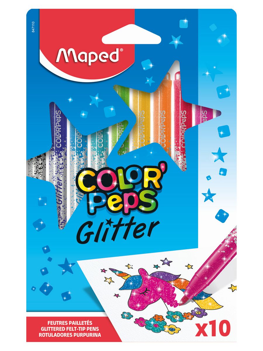 Набор фломастеров MAPED COLOR'PEPS GLITTER 10 цветов, с блестками, в картонном футляре