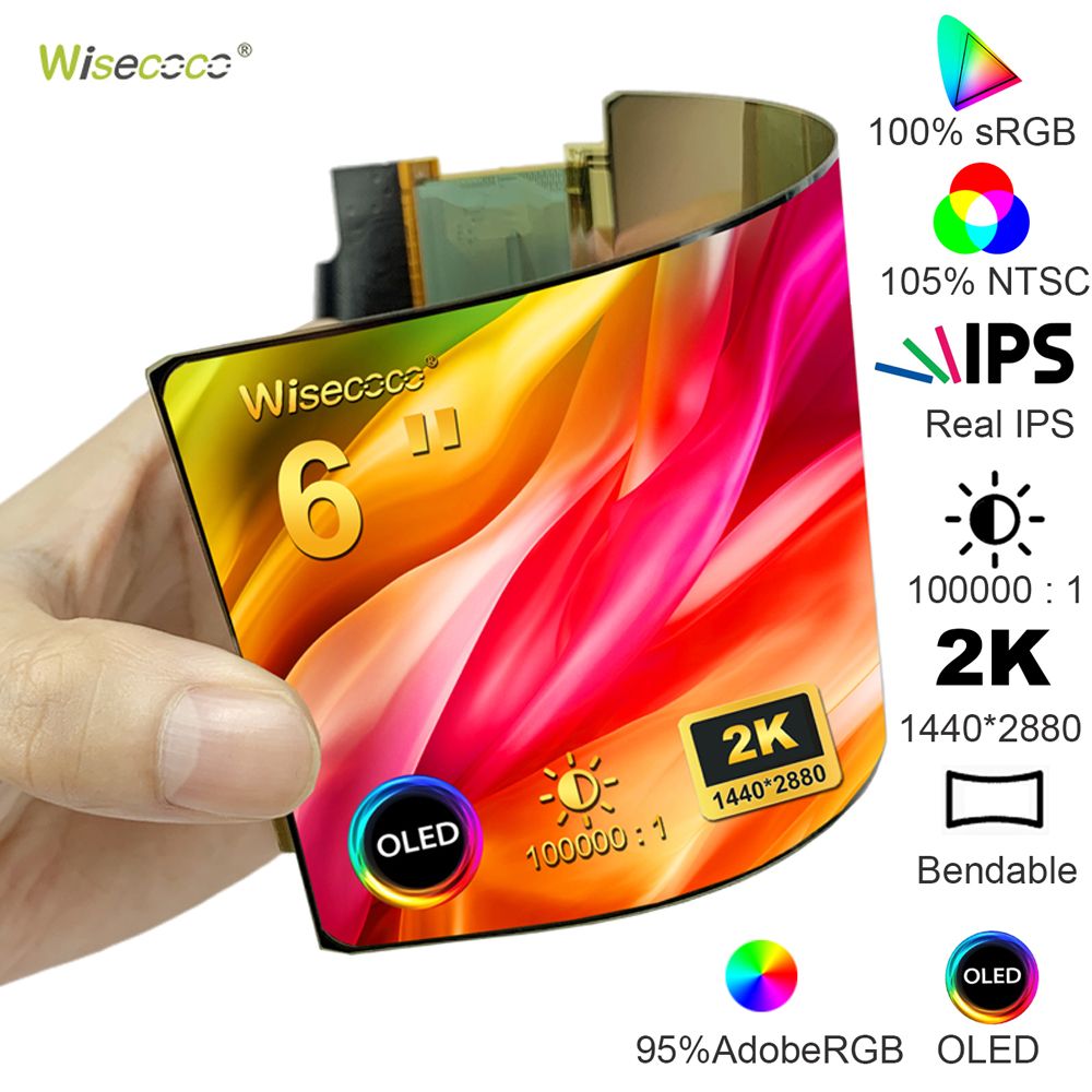 Wisecoco6"Монитор6дюймов2KгибкийAM-OLEDдисплейсгибаемыйэкран2880x144095%sRGBизогнутыйгибкийэкранTYPE-Cплатаконтроллера,желтый