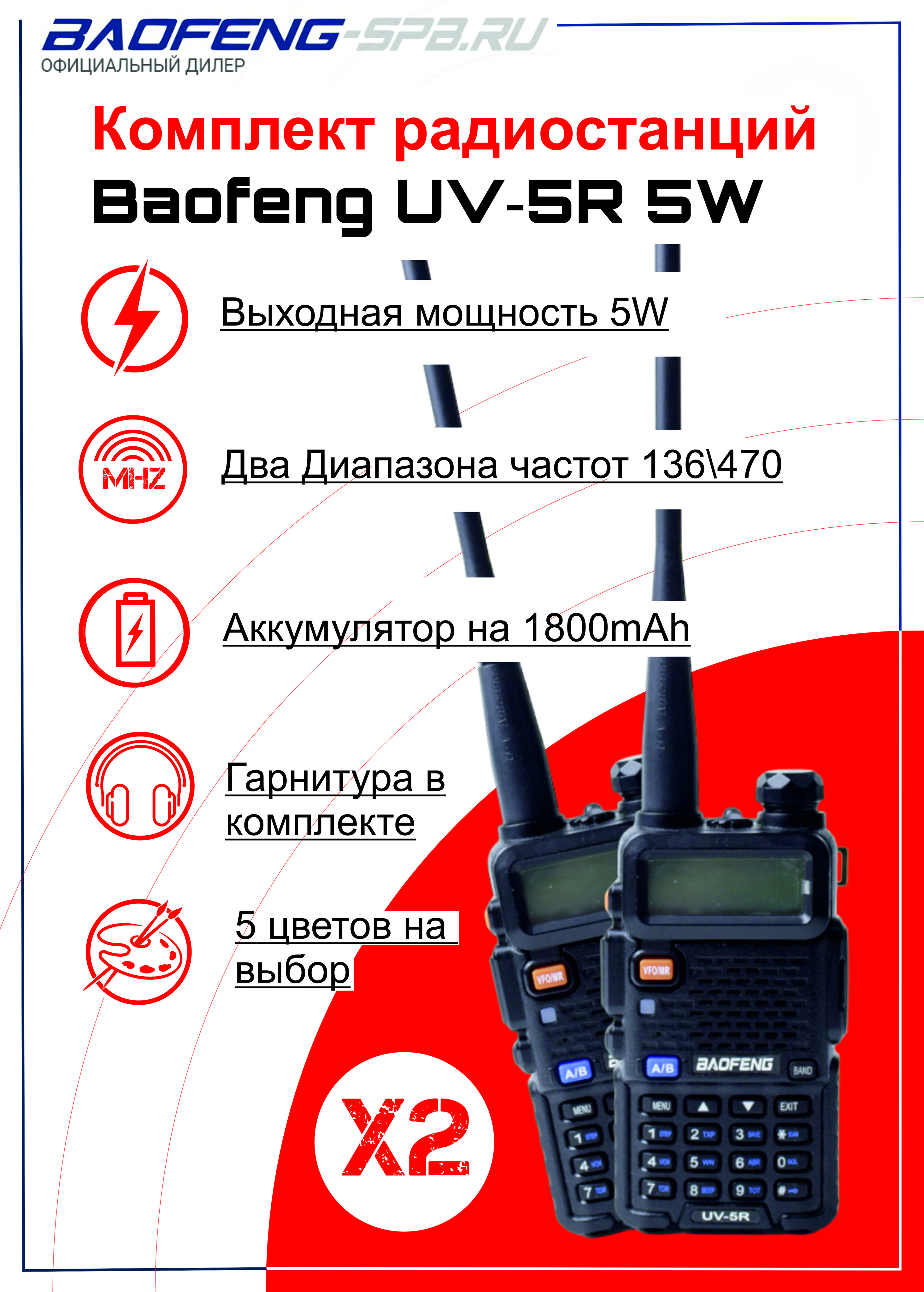 Комплект 2шт рации (радиостанции) Baofeng UV-5R 5W (2 Pack)