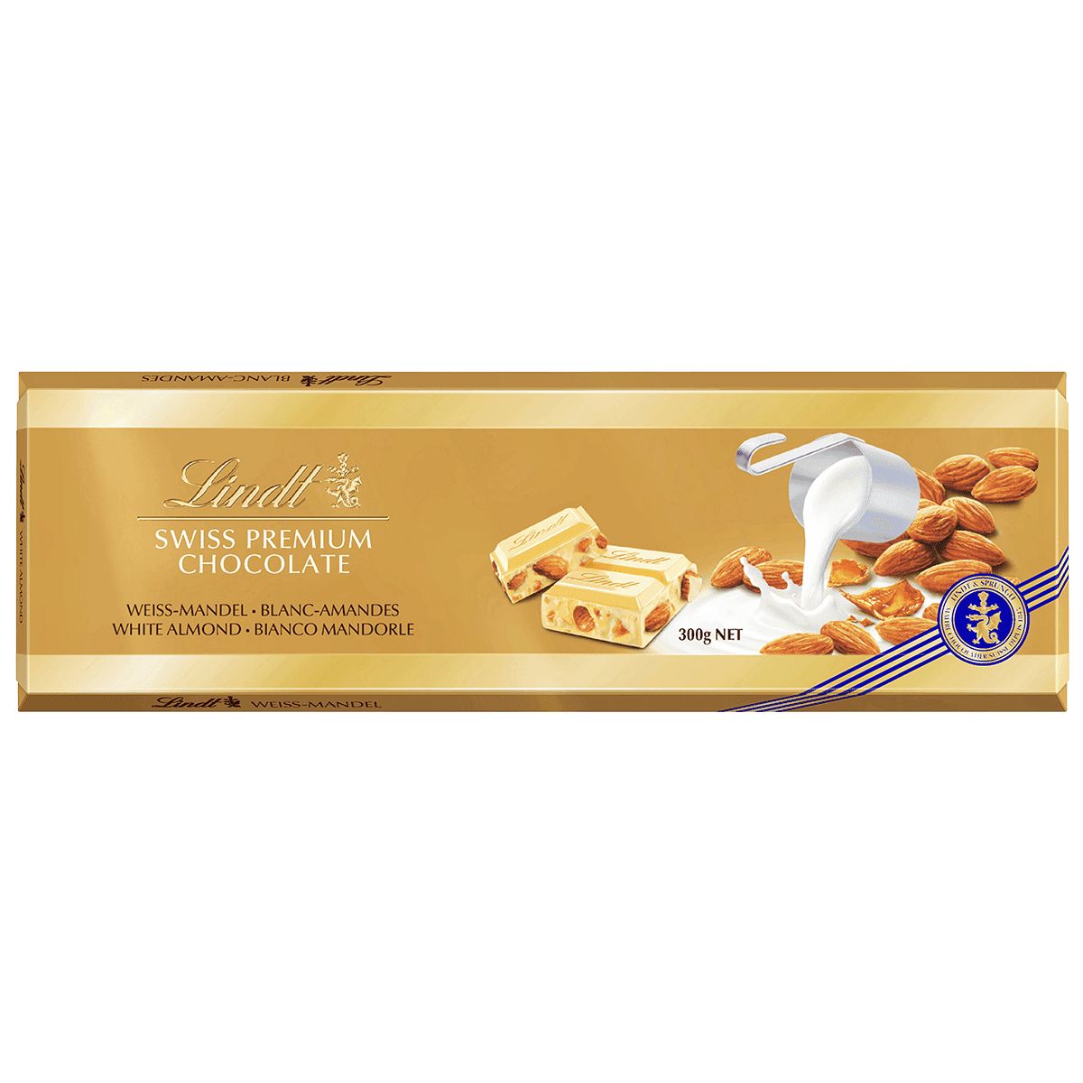 ШоколадLindtGoldSWISSPREMIUMбелыйсминдалём300г(Швейцария)