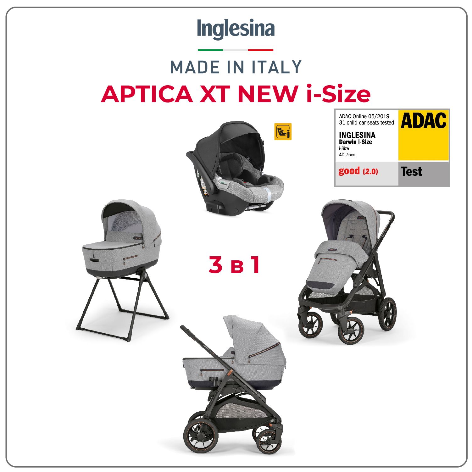 Коляска 3 в 1 i-Size Inglesina Aptica XT New с подставкой под люльку Stand Up, Horizon Grey