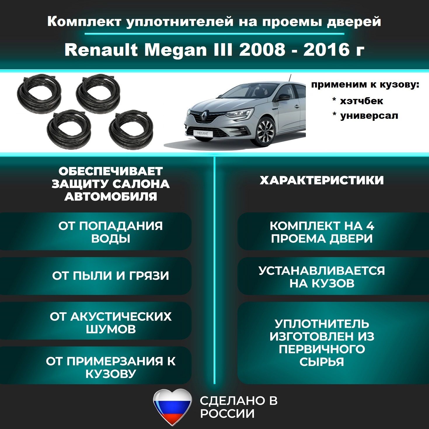 Комплект уплотнителей дверей на Renault Megane III 2008-2016 г / Рено Меган 3 резинка на 4 двери