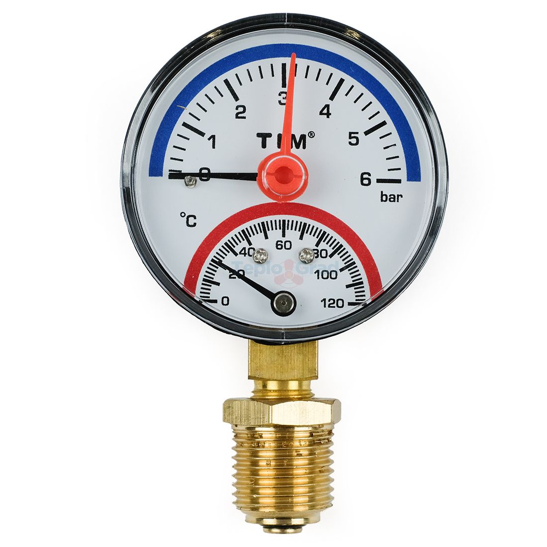 Термоманометр радиальный TIM, корпус 63 мм, диапазон 0-6 бар, подключение 1/2 Y-63-6