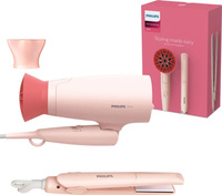 Набор для укладки волос: складной фен и выпрямитель Philips BHP398/00, розовый. Спонсорские товары