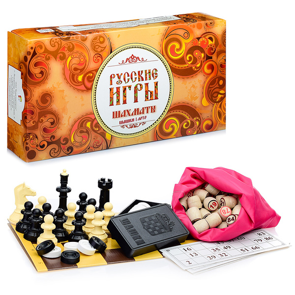Набор "Русские игры" (шахматы, шашки, лото (бочонок из древопласта ...