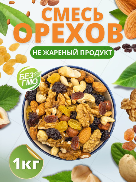 Смесь ореховая сырая ( грецкий орех, миндаль, кешью, фундук, арахис ...