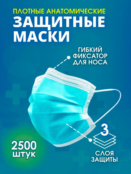Маски защитные одноразовые трехслойные, 2500 шт. в упаковке, голубые ...