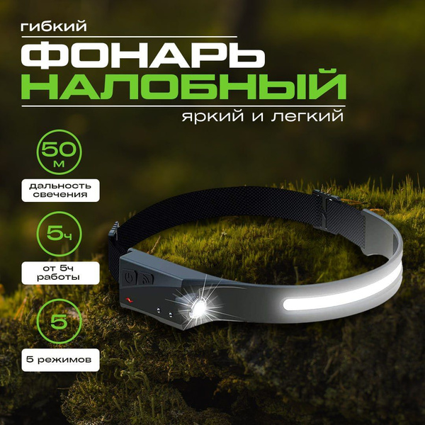 Налобный фонарь аккумуляторный с Type-C зарядка / Светодиодный LED-COB ...