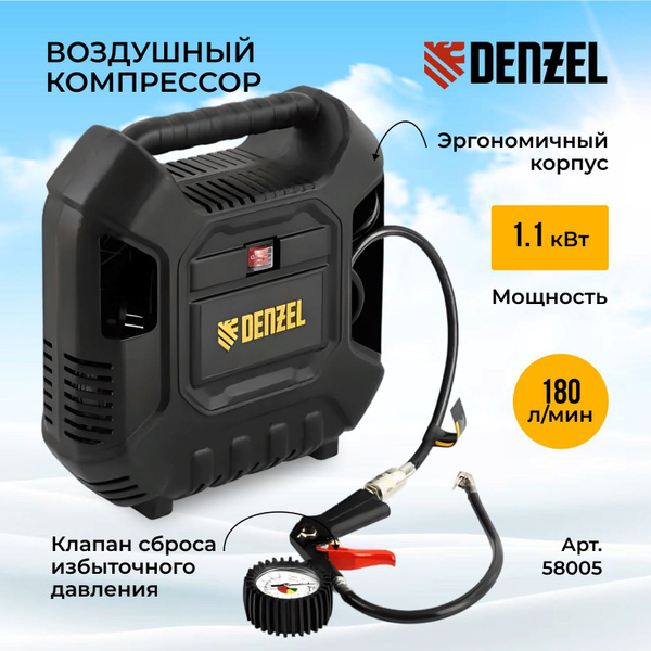 Компрессор воздушный автомобильный поршневой Denzel DL1100 1,1 кВт, 180 ...
