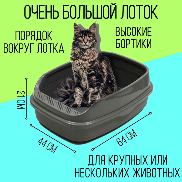 Лоток для кошек крупных пород XL, большой кошачий туалет, серый ...