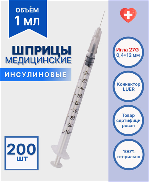Шприц инсулиновый медицинский 1 мл, 200 штук, одноразовый стерильный ...
