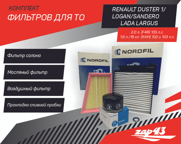 Комплект фильтров для ТО на Рено Дастер, Логан, Ларгус с двигателем 1.6 ...