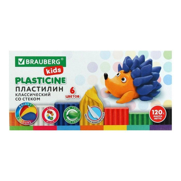 Пластилин Brauberg 6 цветов, 120 г "Kids", со стеком - купить с ...