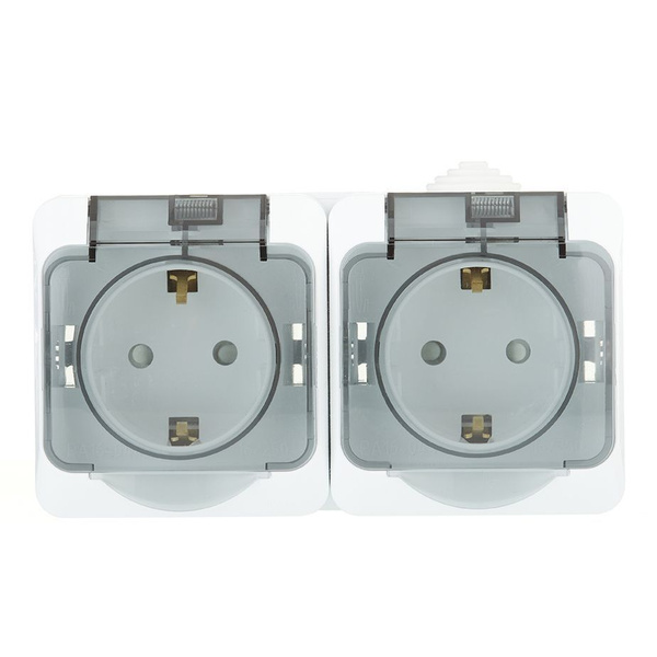 Розетка двойная PA16-244B открытая установка белая с заземлением IP44 ...