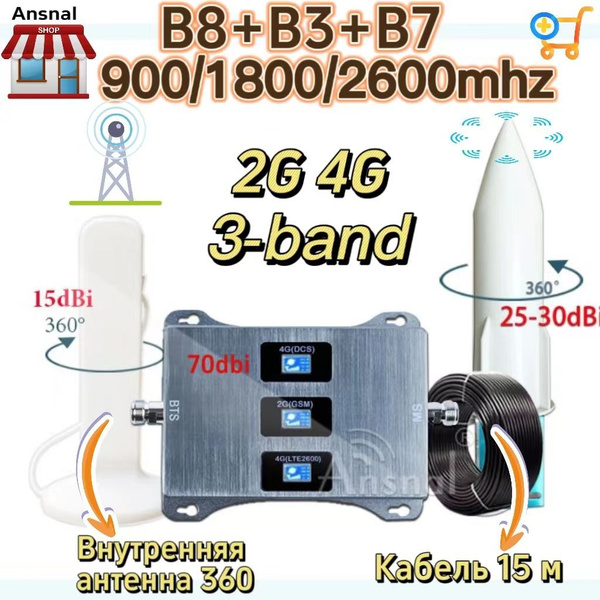 4G сотовый усилитель 900 1800 2600 МГц трехчастотный GSM ретранслятор ...