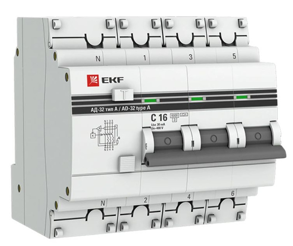 Дифференциальный автомат EKF PROxima АВДТ-63 3P N C16 A 30 мА 6 кА A ...
