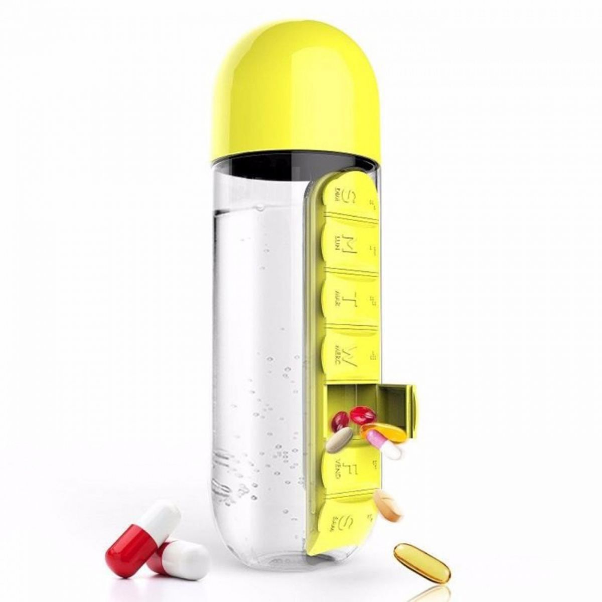 Желтая бутылочка. Бутылка Pill & VITAMEN Organizer Bottle (0,6 литра). Бутылка - таблетница, 600 мл. Бутылка Asobu in Style (0,6 л).