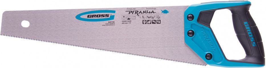 НожовкаподеревуручнаяGROSS,PIRANHA,400мм,каленыезубья3Dсшагом11-12TPI,японскаястальSK-5сантикоррозийнымпокрытием,двухкомпонентнаярукоятка,24110