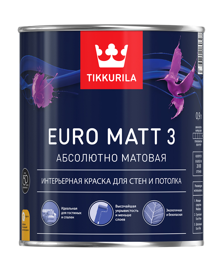 Краска Tikkurila Euro Matt 3, Глубокоматовое покрытие, 0.9 л, белый