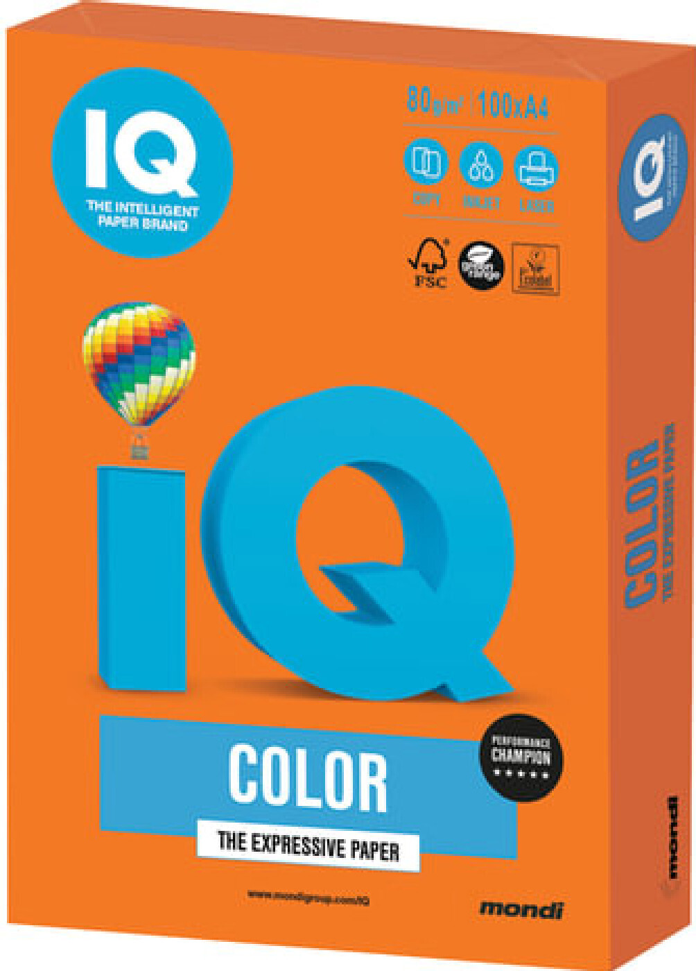 Бумага цветная IQ color, А4, 80 г/м2, 100 л., интенсив, оранжевая, OR43 ...