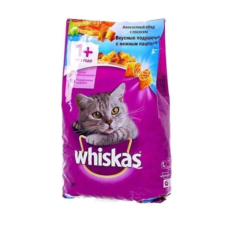 WhiskasСухойкормдлякошекВкусныеподушечкиснежнымпаштетомАппетитныйобедслососем1,9кг